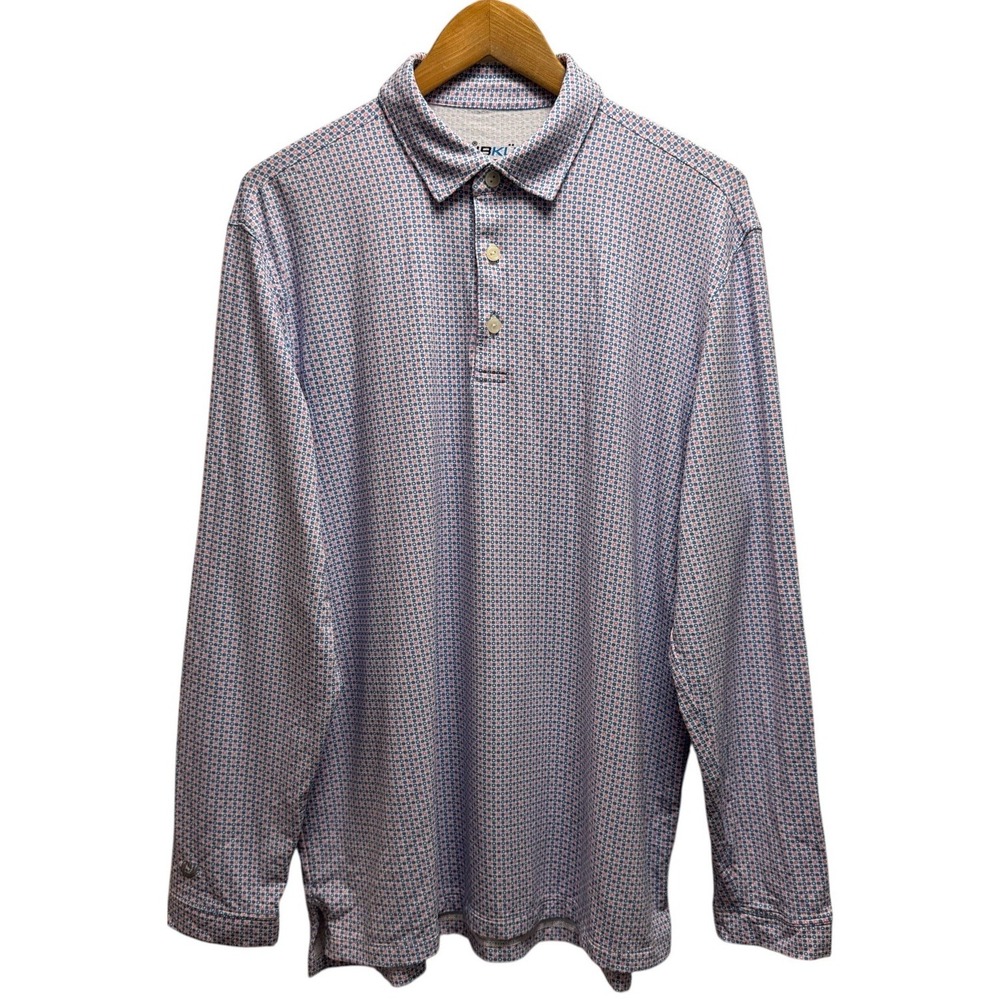 IBKUL Men's Sz Large Blue/Pink/White Polka Dot UPF 50+ Cool L/S Performance Polo - Picture 2 of 5